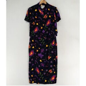 Karin Stevens Shirt Dress 2 Pc Sz 12 Navy Multicolor Floral Whimsy Artsy 90s Vtg